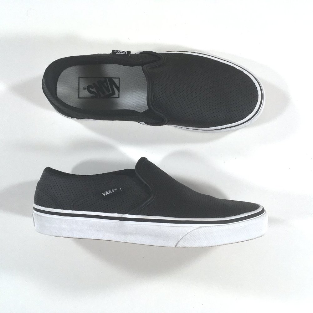 Size 7, Vans Black Leather Perforated Asher Slip On Sneakers